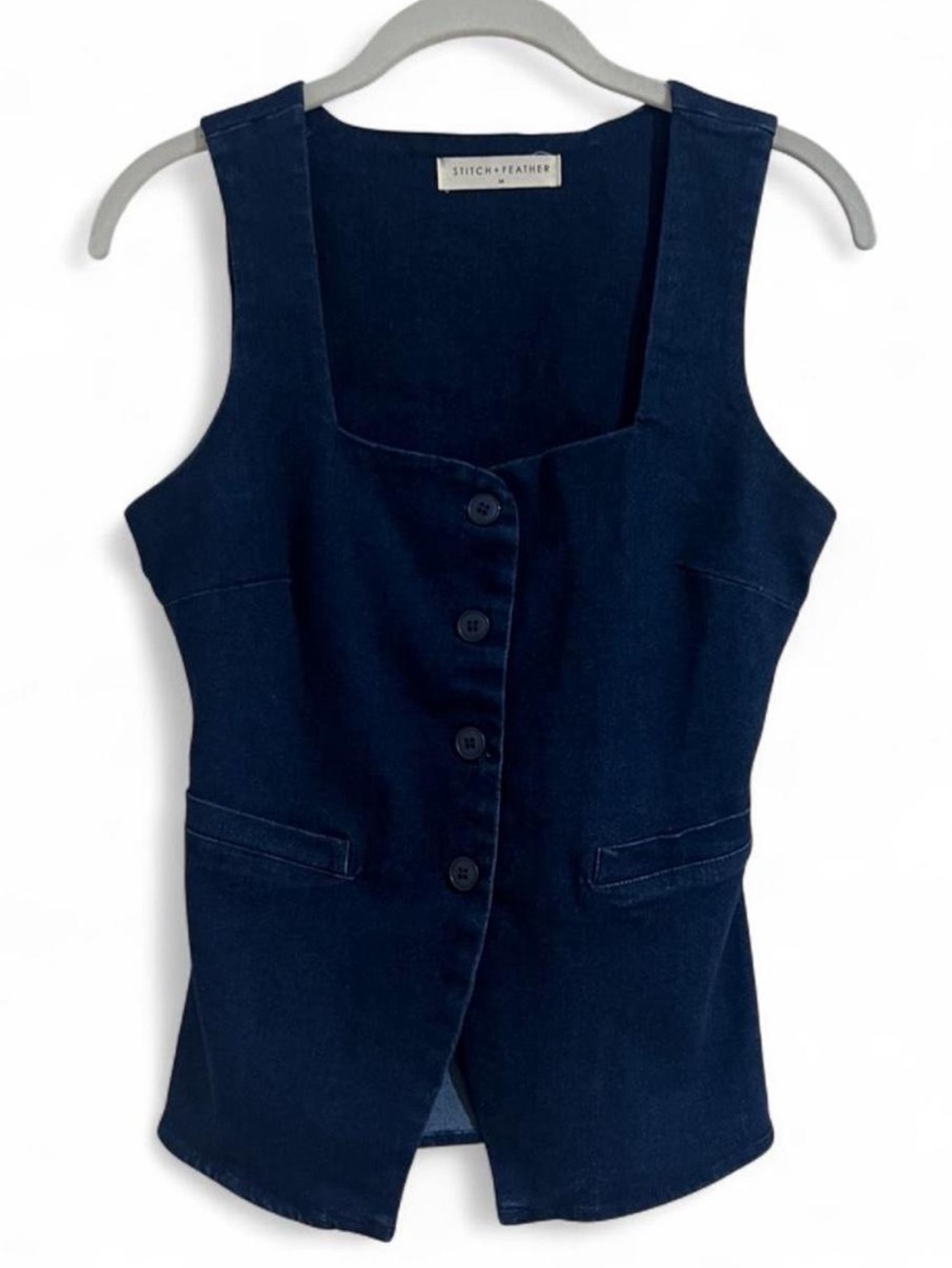 Stitch + Feather Navy Denim Vest Tie Back Fitted Button Front Utility - M